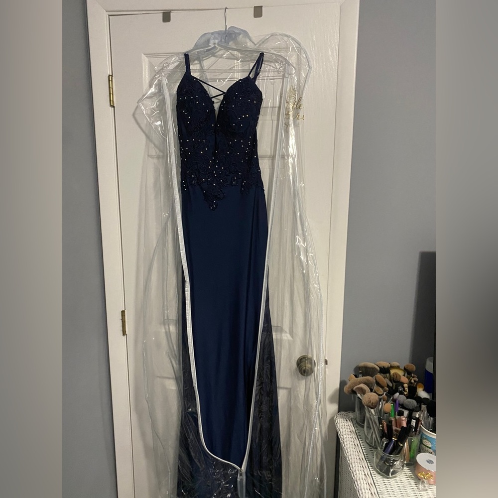 Madison James Plunging Embroidered Prom Dress